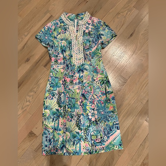 Lilly Pulitzer shift dress short sleeve blue and pink floral with cording - Picture 8 of 12